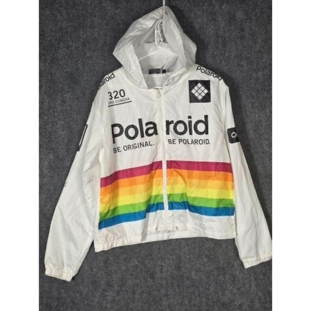 Polaroid 320 Land Camera Graphic Windbreaker Jacket White Rainbow L Men Casual